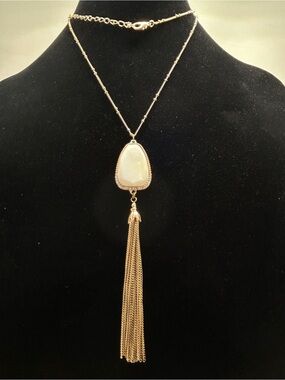 Long Gold Necklace Polished White Quartz Pendant, Gold Tassel, Crystal Bezel
